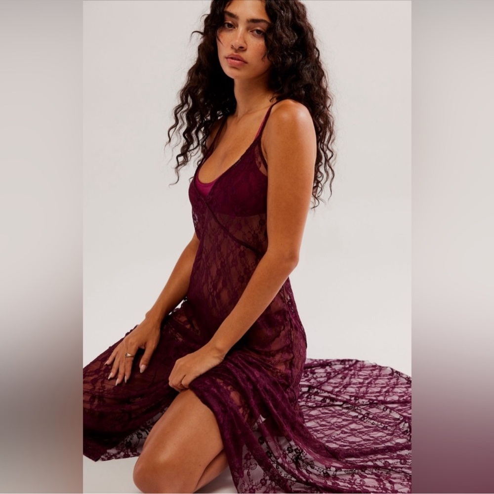 Free People A Little Lace Maxi Slip in Precious Wine New